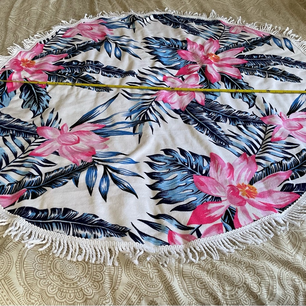 Floral Round Beach Towel with Fringe, for pool and beach.